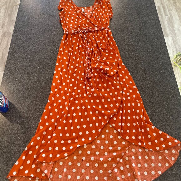GRECERELLE Polka Dot Wrap High-Low Maxi Dress, Orange, M, Pre-Owned - Picture 2 of 10